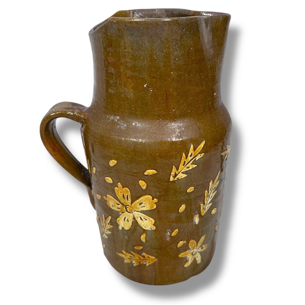 Vintage Antique Slipware Pottery Pitcher Jug Brown Raised Flowers Floral‎ Rustic
